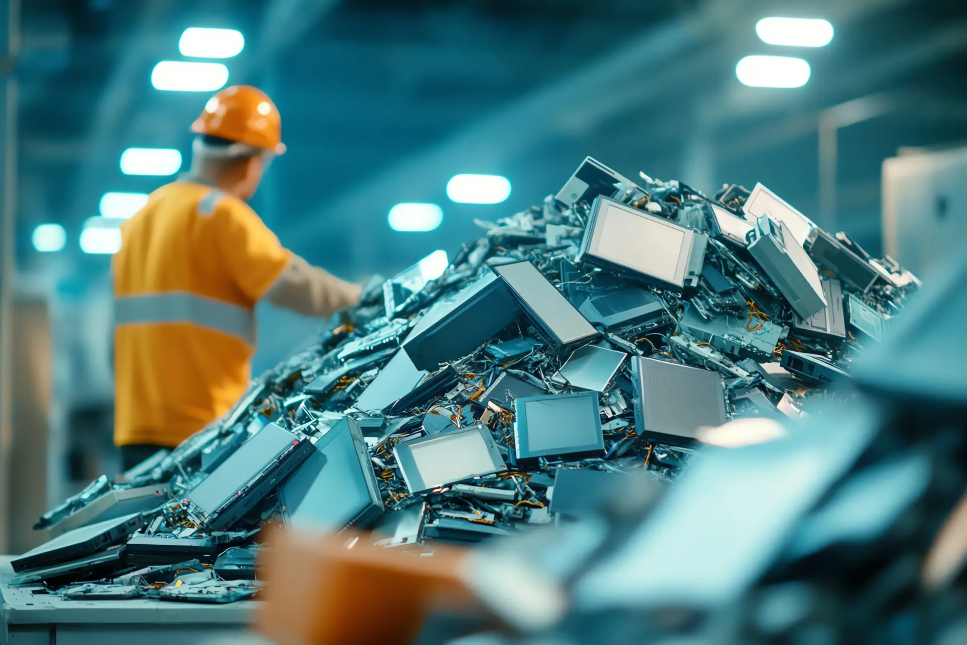 Resíduos eletrônicos acumulados em centro de reciclagem.